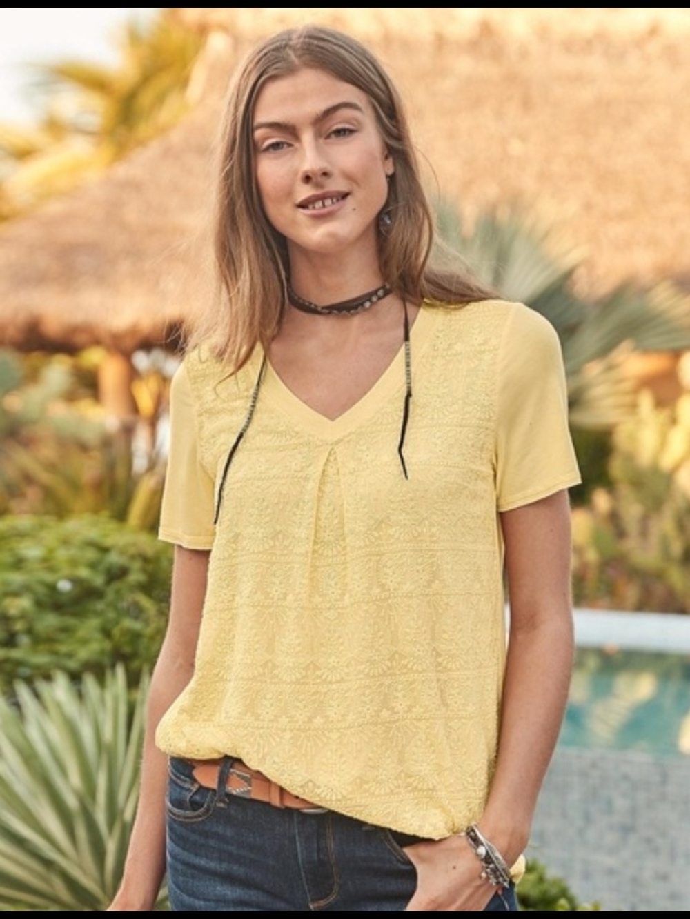 Sundance Pale Yellow Lace-Panel V-Neck Embroidered Short Sleeve Top